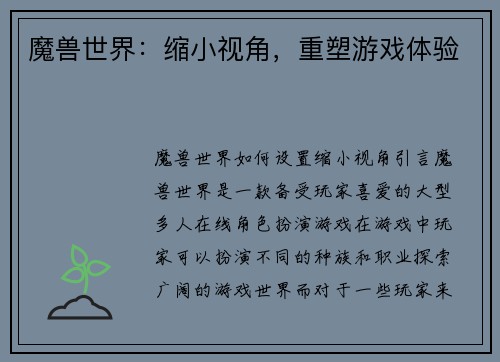 魔兽世界：缩小视角，重塑游戏体验